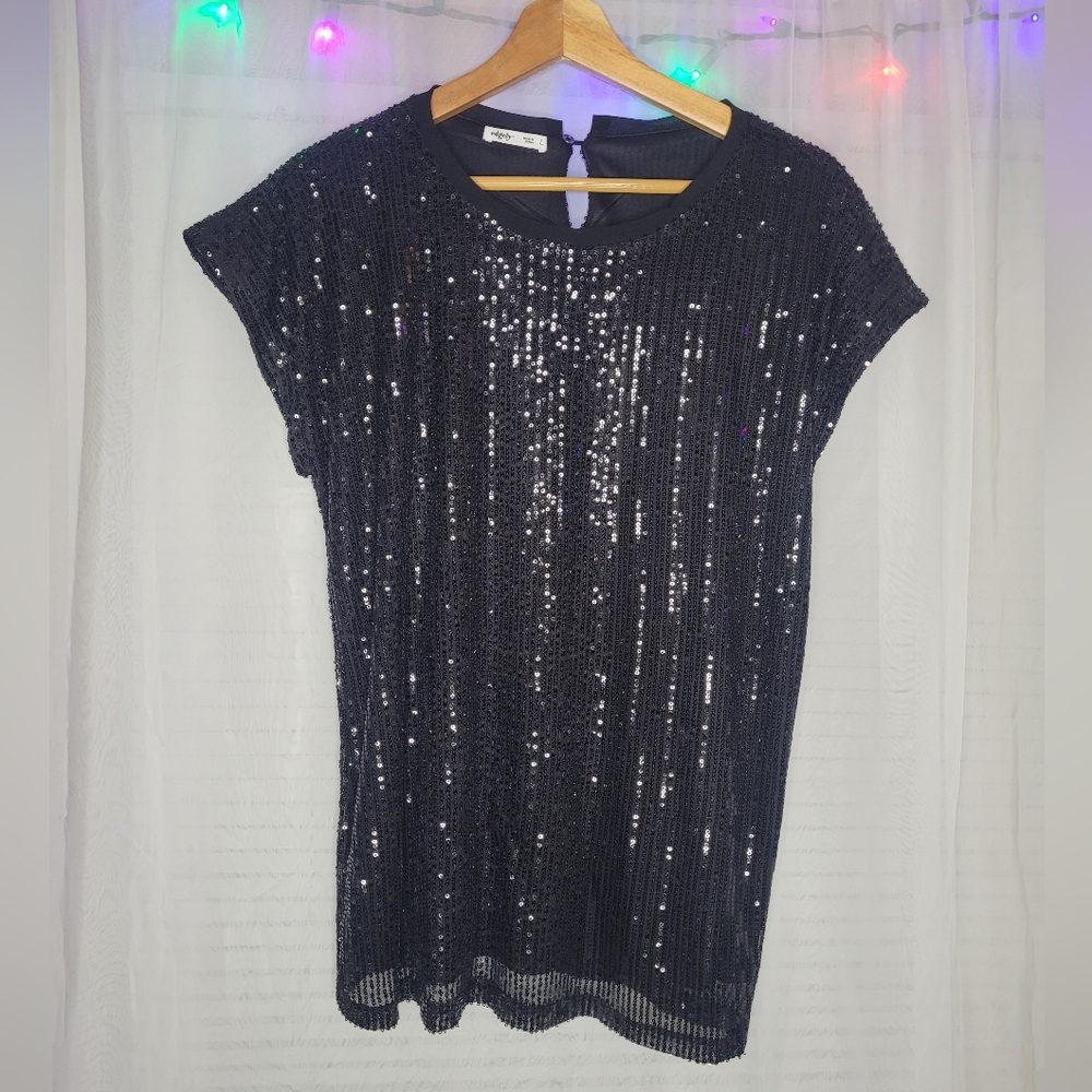 Edgely Sequin Top Large Black Short Sleeve Shirt Crewneck Blouse Sparkle Party